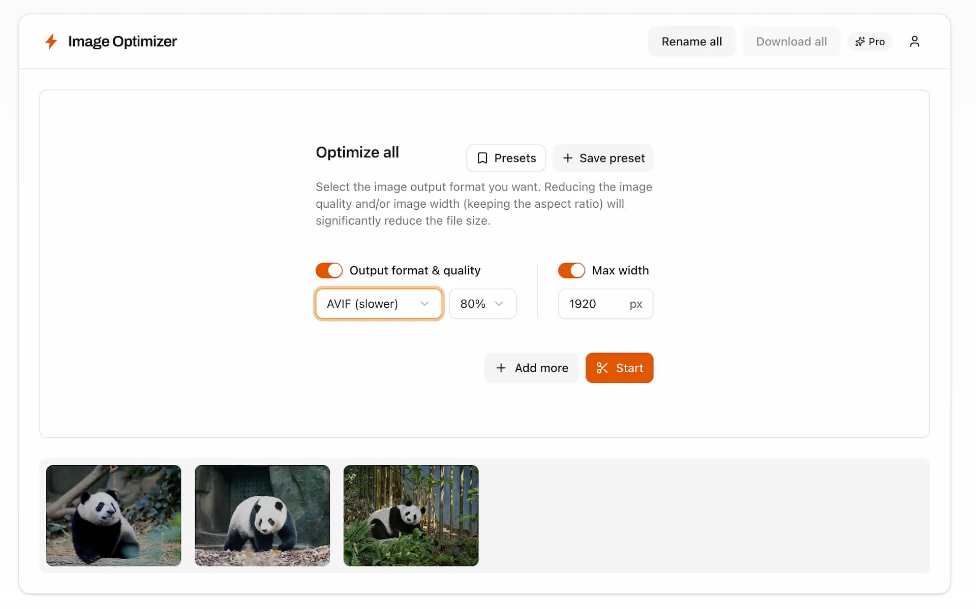 Choosing WebP or AVIF output and adjusting quality in Image Optimizer